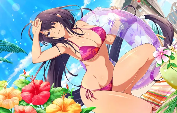 Girl, sexy, cleavage, beach, long hair, boobs, anime, flowers