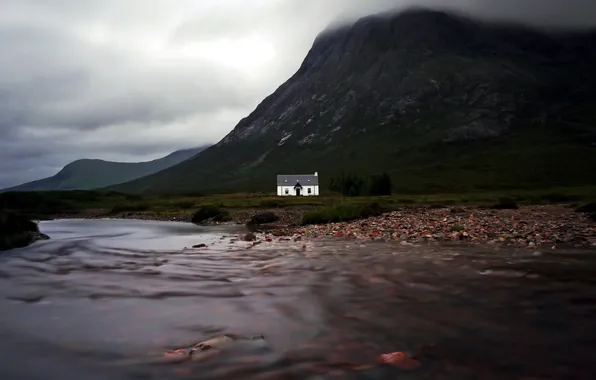 Picture landscape, house, river, mountain