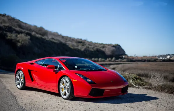 Picture the sky, trees, red, shadow, slope, red, gallardo, lamborghini