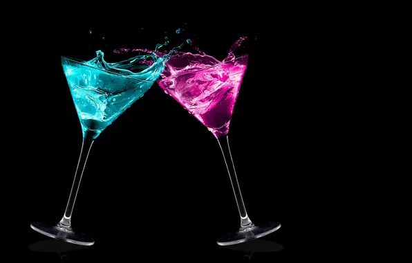Drops, squirt, splash, glasses, pair, black background, cocktails