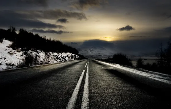 Winter, road, dawn