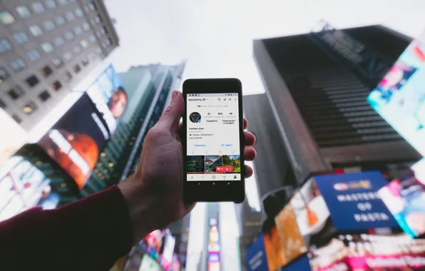 Picture the city, building, hand, blur, skyscrapers, advertising, skyscrapers, smartphone