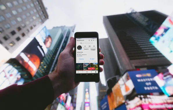 The city, building, hand, blur, skyscrapers, advertising, skyscrapers, smartphone