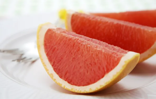 Macro, plate, white background, citrus, slices, fork, Grapefruit