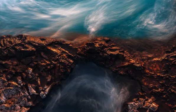 Sea, wave, nature, stones, rocks, surf, the view from the top