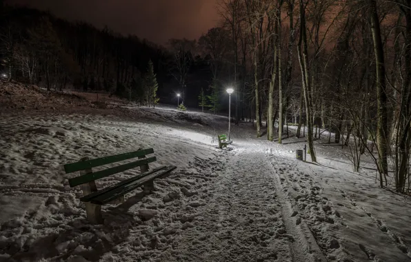 Winter, night, Park, bench