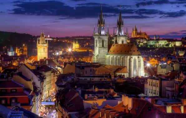Building, roof, Prague, Czech Republic, panorama, night city, Prague, Tyn Church
