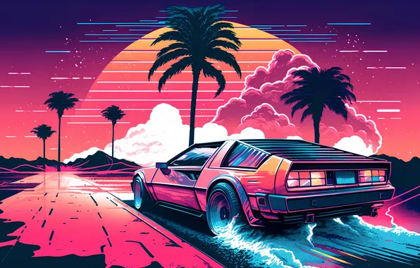 Road, sunset, palm trees, DeLorean, retrowave