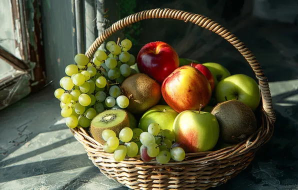 Light, apples, kiwi, window, green, grapes, red, shadows