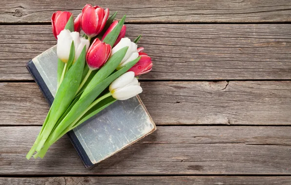 Flowers, bouquet, tulips, red, white, wood, flowers, tulips