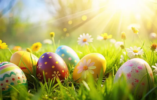 Flowers, eggs, spring, colorful, Easter, happy, flowers, spring