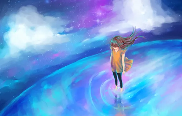 Picture water, girl, clouds, art, Lucy, Nakamura Miharu