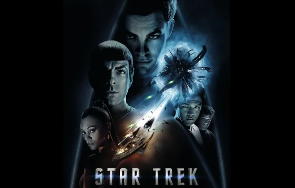 Picture fiction, black background, Star trek, Star Trek, poster, Chris Pine, Zoe Saldana, spaceships