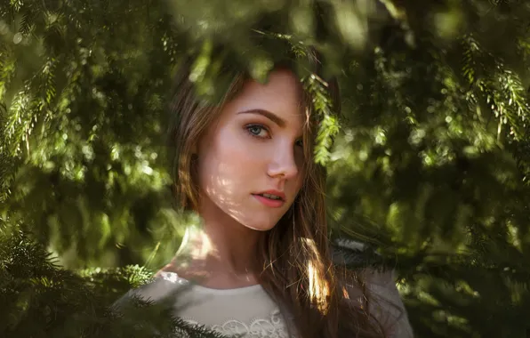 Summer, look, girl, branches, portrait, bokeh