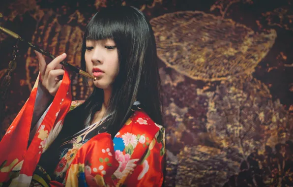 Girl, style, Japanese, kimono, Asian, Smoking pipe, kiseru