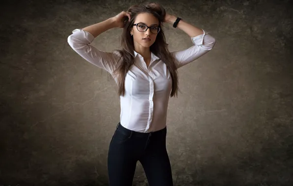 Picture background, model, portrait, jeans, makeup, figure, slim, glasses