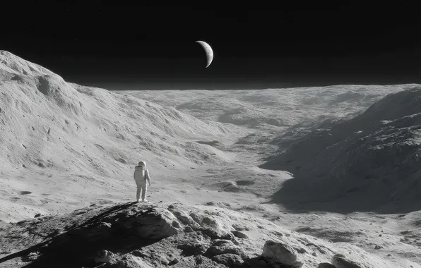 Wallpaper earth, astronaut, neural network, lunar soil, AI art, astronaut, planet, the moon