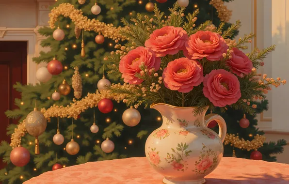Balls, flowers, table, roses, bouquet, Christmas, red, New year