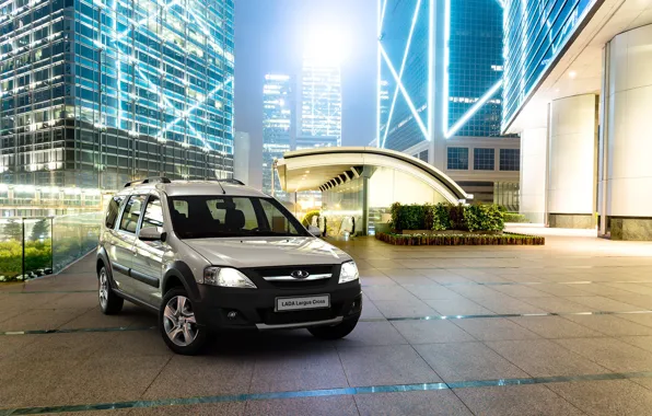 Picture night, the city, neon, skyscrapers, urban, silver metallic, Lada Largus Cross