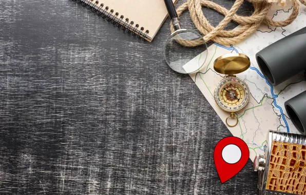 Map, rope, binoculars, magnifier, notebook, journey, compass, jar