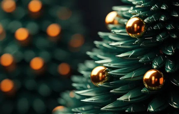 Balls, needles, branches, lights, the dark background, balls, Shine, green