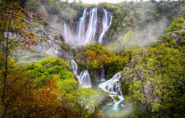 Picture autumn, forest, waterfalls, Plitvice