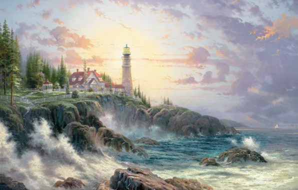 Rock, house, sea, cloud, fence, shore, wave, Thomas Kinkade