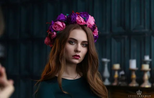 Look, model, portrait, makeup, hairstyle, brown hair, beauty, wreath
