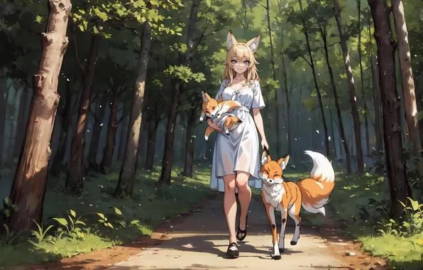 Forest, girl, anime, Fox