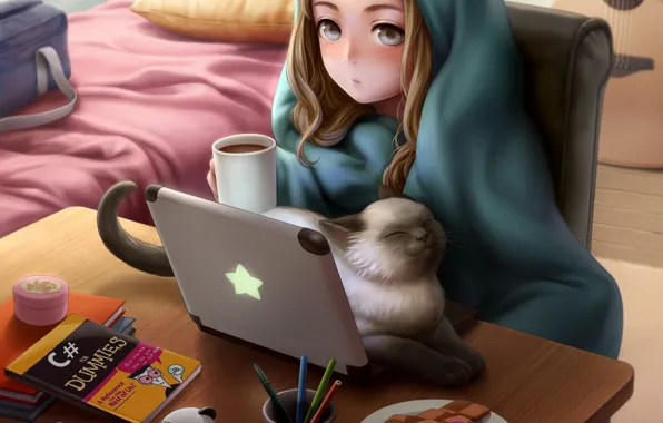 Cat, girl, room, anime, art, blanket, laptop, kotikomori