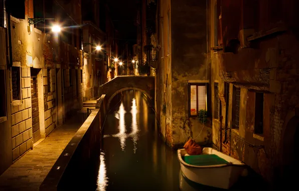 Night, lights, boat, home, lights, Italy, Venice, channel