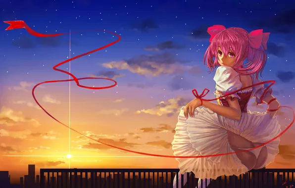 Ass, girl, sunset, the city, dress, tape, railings, red