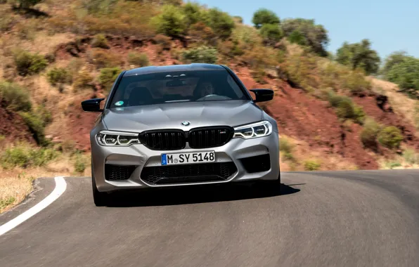 Picture asphalt, grey, movement, BMW, sedan, front view, 4x4, 2018