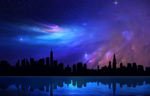 The sky, stars, night, abstraction, reflection, skyscrapers, Chicago, beautiful