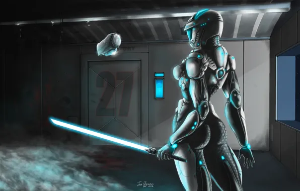 Smoke, Girl, cyborg, lightsaber, drone