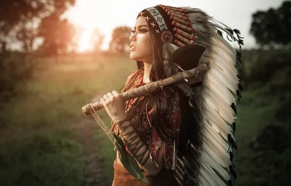 Picture girl, face, style, feathers, axe, headdress