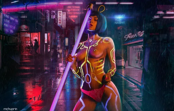 Chest, light, lights, paint, panties, Girl, neon, figure