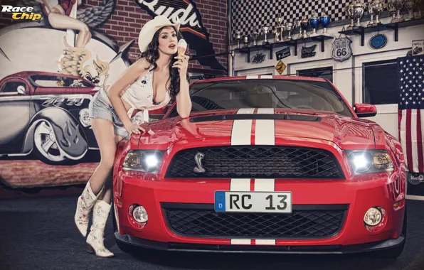 Look, Girls, beautiful girl, cowboy hat, Ford mustang, red car