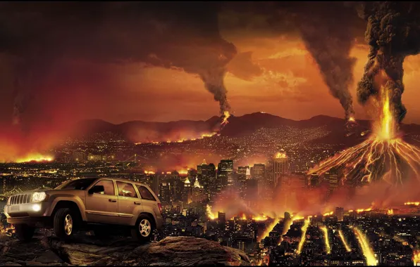 Picture the city, fire, Apocalypse, building, destruction, jeep, volcanoes, car