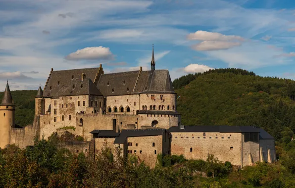 Autumn, forest, clouds, landscape, castle, view, hill, tower