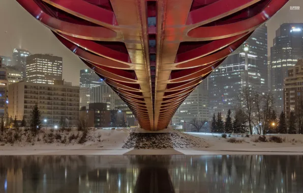 Picture winter, bridge, lights, river, home, the evening