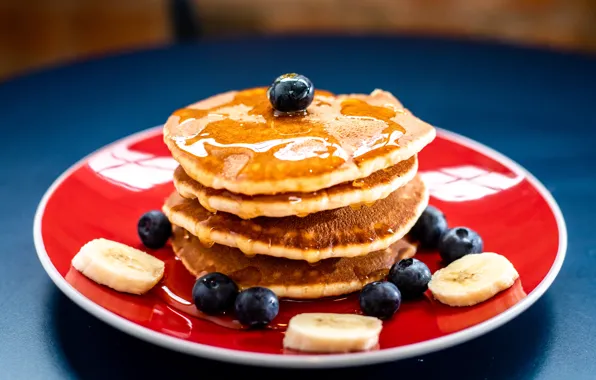 Berries, food, blueberries, honey, fruit, banana, cakes, pancakes