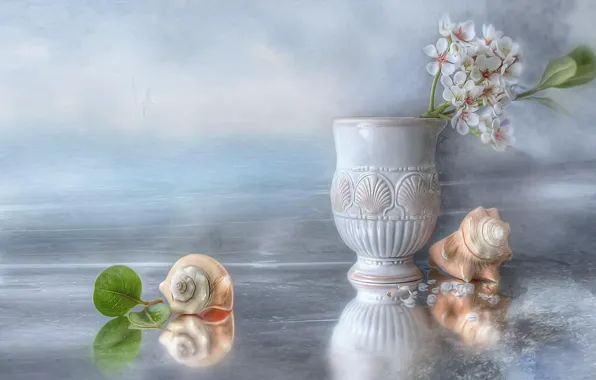 Wallpaper ice, water, birds, petals, shell, still life, Apple, vase