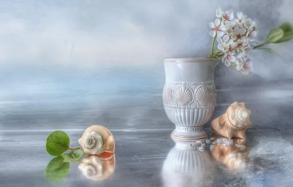 Ice, water, birds, petals, shell, still life, Apple, vase antique