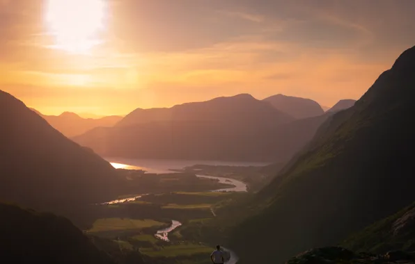 The sun, mountains, fog, dawn, male, guy