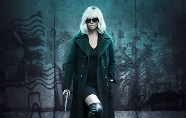 Picture gun, weapons, wall, Charlize Theron, boots, dress, glasses, hairstyle