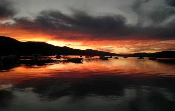 The sky, sunset, lake, stones, boat