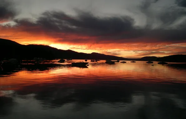 Picture the sky, sunset, lake, stones, boat