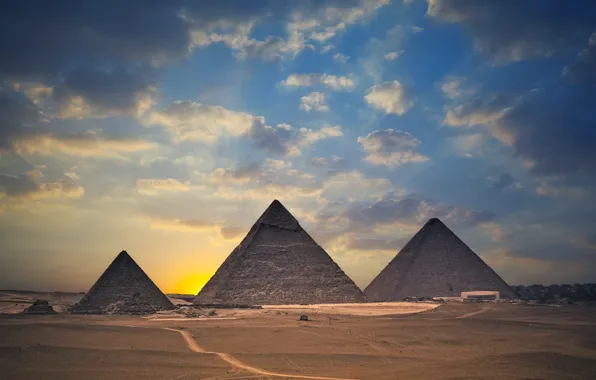 Sunset, desert, pyramid, Egypt
