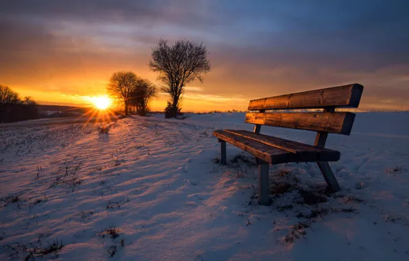 Picture winter, sunset, bench